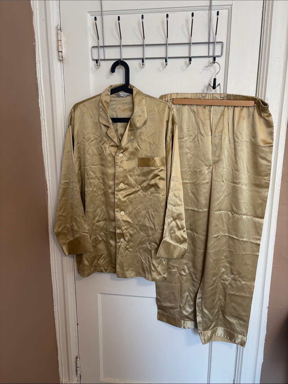 Men's Satin Lounge Shirt & Pants Set in Gold
